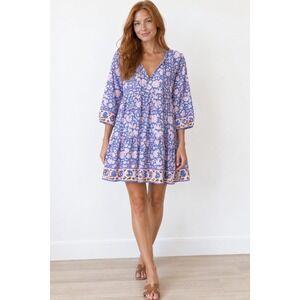 SZ Blockprints Blue Pink Floral Block Print Tiered Mini Dress Small Boho India